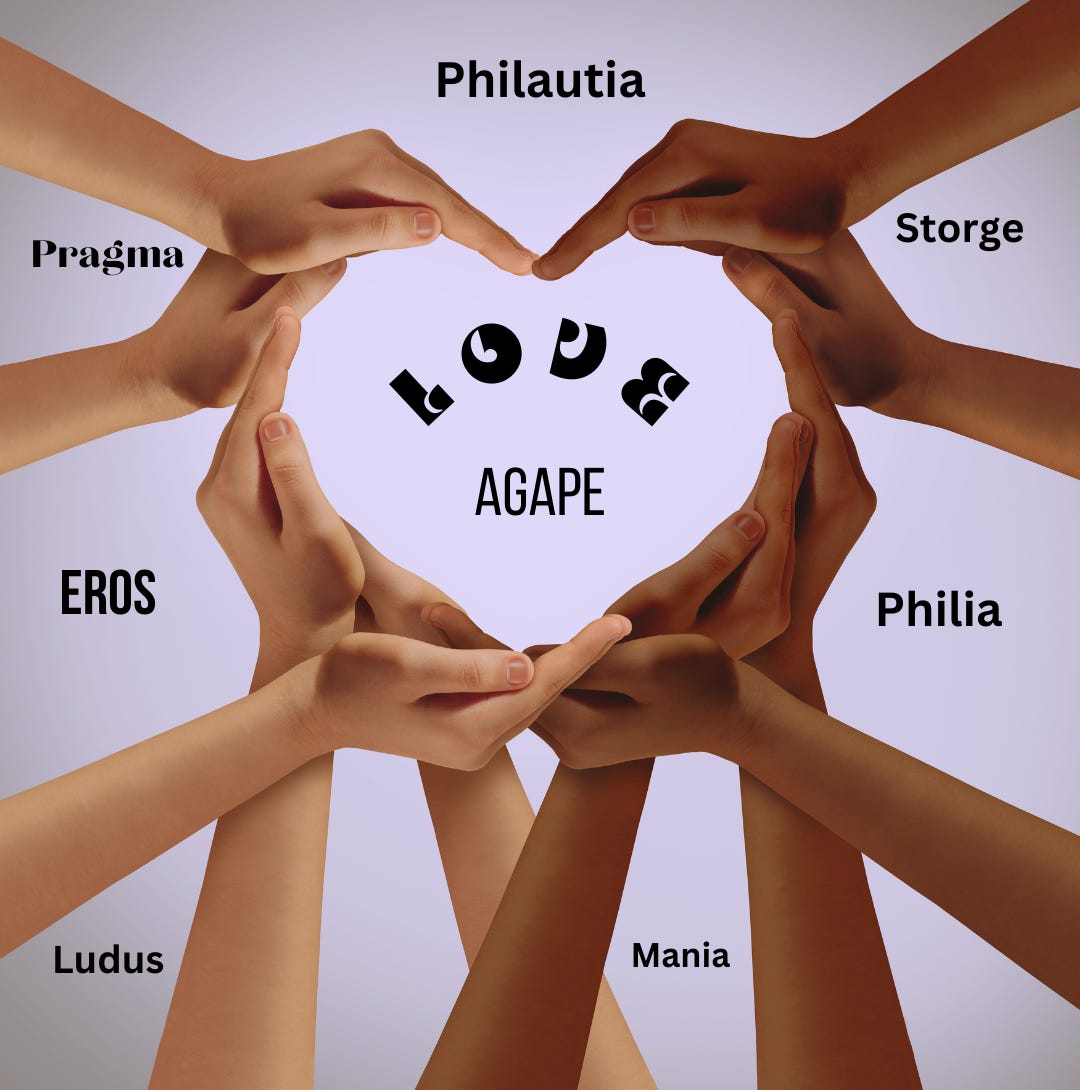 eight Greek words for love with hands together cupping Agape