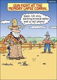 This cartoon shows a cowboy about to engage in a shootout who realizes he left his gun at home.