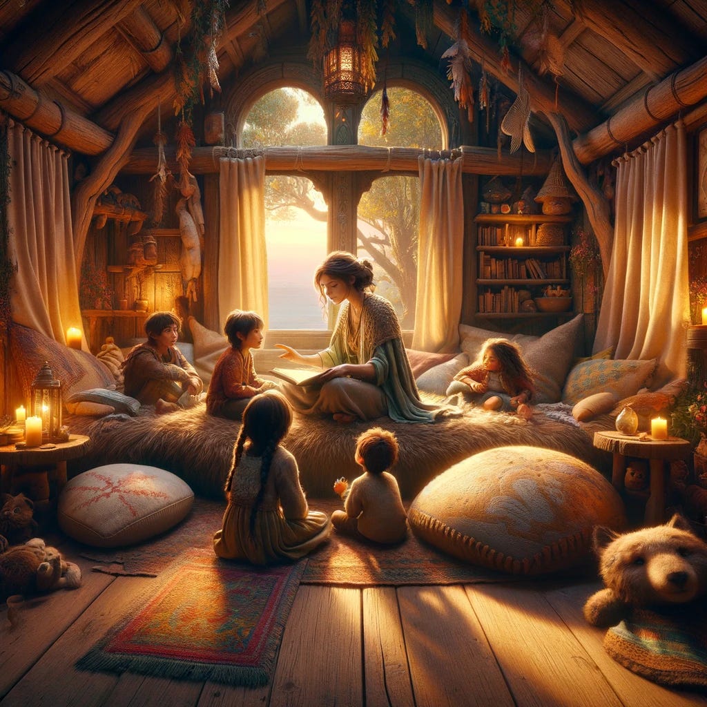 Picture The Wounded Dreamer in a cozy, warmly lit room inside a treehouse nestled in the heart of Mirrormere’s forest. The room is filled with handmade toys, books, and artworks, creating a nurturing and creative environment. The Wounded Dreamer is seated on a plush, oversized cushion on the floor, surrounded by her children. She’s engaged in a gentle, joyful interaction with them—perhaps reading a story or guiding them in a creative activity like drawing or painting. The children, a reflection of her spirit, listen intently or contribute eagerly, their faces alight with wonder and imagination. The scene is imbued with a sense of warmth, love, and the deep bond that connects them. Through the window, the magical landscape of Mirrormere stretches beyond, hinting at the world of possibilities and dreams she hopes to pass on to her children. This moment captures the essence of The Wounded Dreamer’s dedication to fostering an environment where emotional and creative growth is nurtured, highlighting her role as a caregiver and guide in the development of her children’s unique selves.