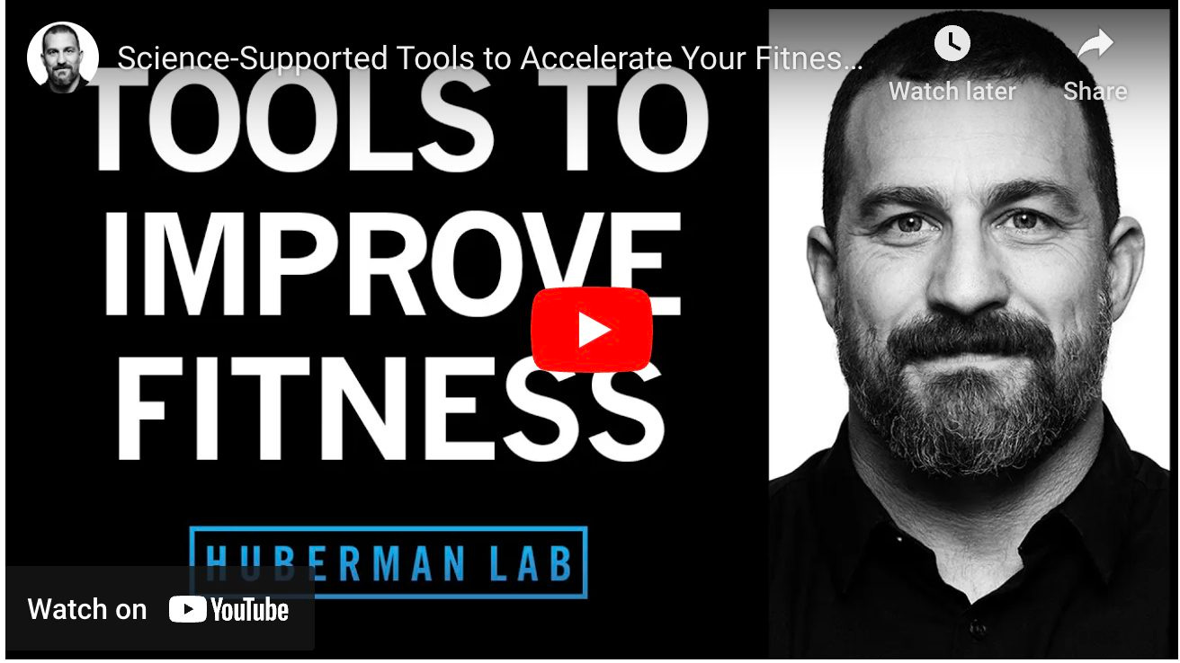 May be an image of 1 person and text that says 'Science-Supported Tools to Accelerate Your Fitnes. TOOLS ΤΟ IMPROVE FITNESS Watch later Share Watch on HUBERMAN LAB YouTube'
