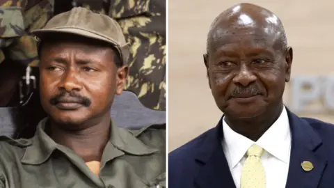 Getty Images Composite of pictures of Yoweri Museveni