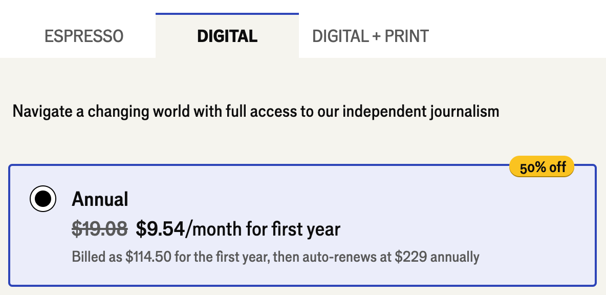 Digital subscription offer for The Economist