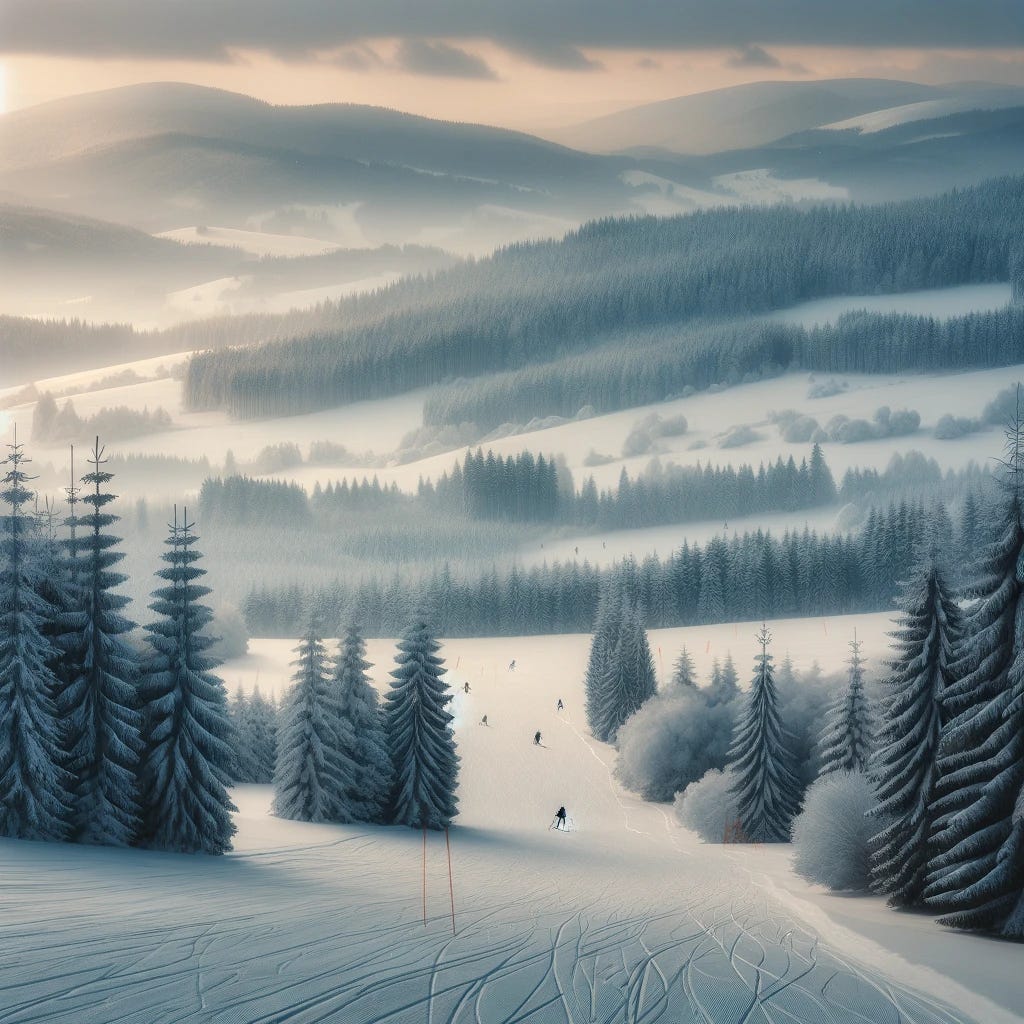 A serene winter landscape. The foreground shows an open snowy field with visible ski tracks and a few skiers at the bottom of the slope. Dense, snow-laden evergreen trees populate the middle ground. In the background, rolling hills or mountains covered with forests stretch into the distance under an overcast sky, with soft lighting suggesting an early morning or late afternoon. The scene conveys a peaceful and cold wintry environment.