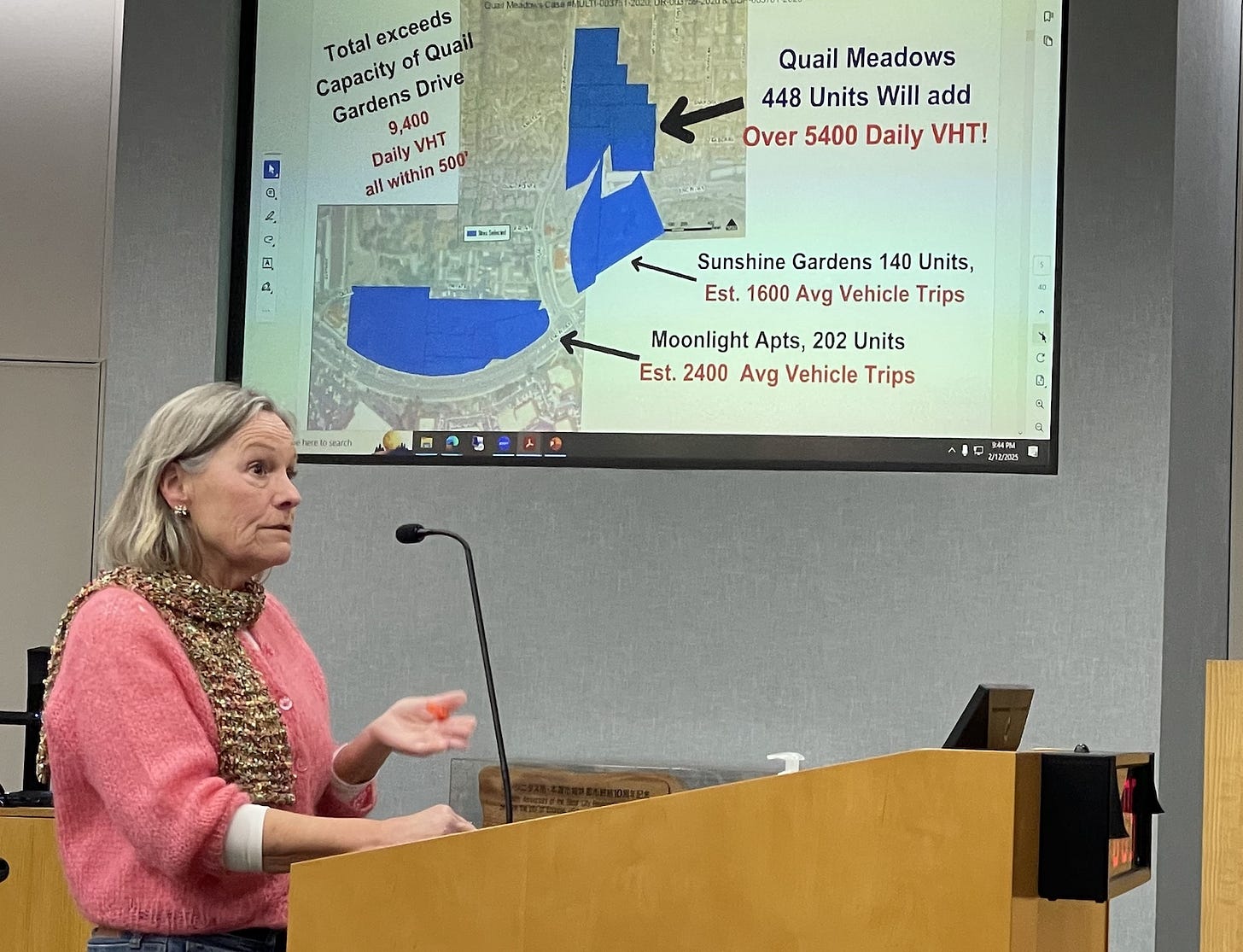 Encinitas resident Molly Hintlian speaks during Wednesday’s City Council meeting outlining many issues with the controversial Quail Meadows project. The council approved the project, but one group will appeal to the California Coastal Commission. Steve Puterski photo