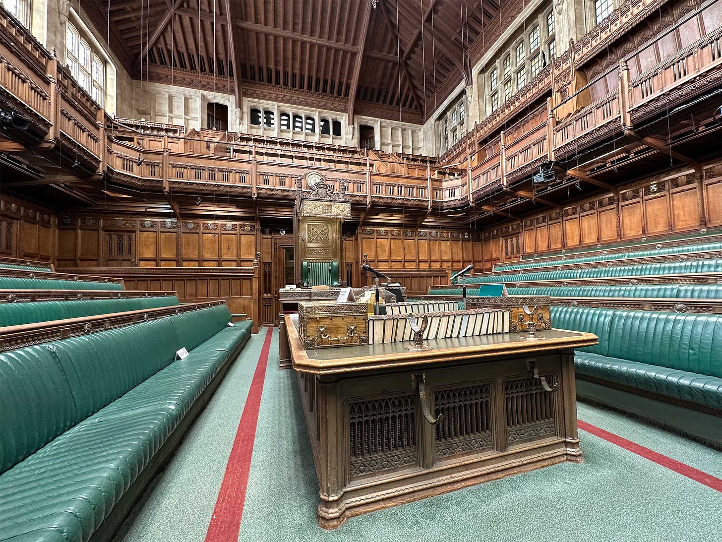 Historic interior of the parliamentary chamber in the House of Commons.