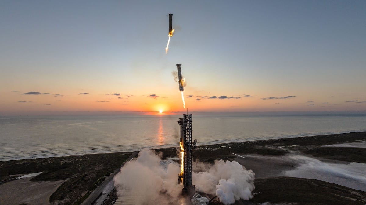 A rocket launches from a coastal site at sunrise, leaving trails of smoke and fire against the horizon and ocean backdrop.