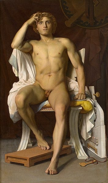 Picture of realistic oil painting, a nude beardless man looking angry. Seated