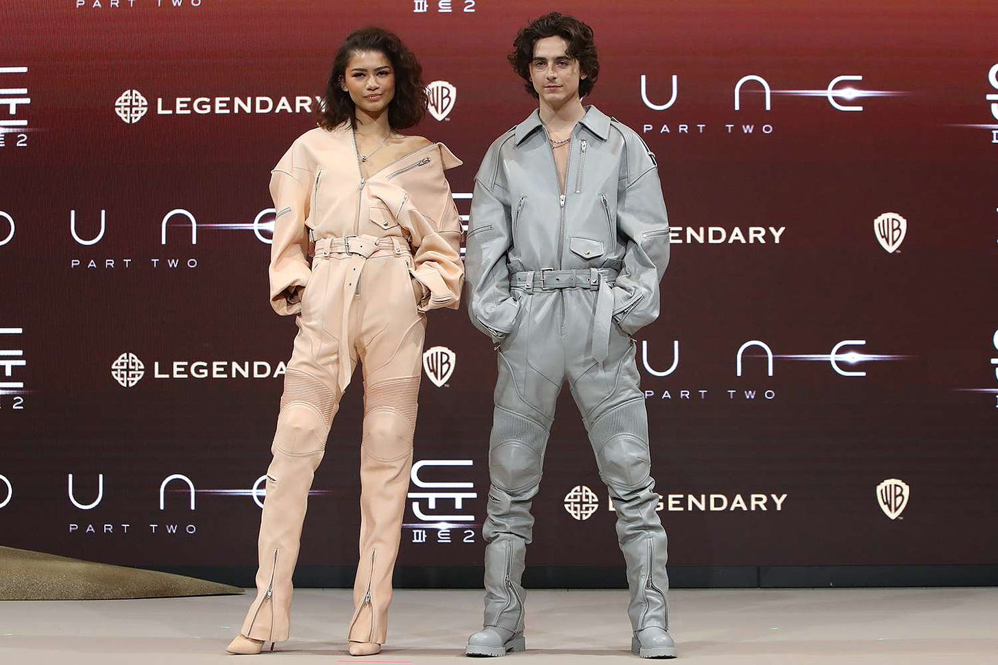 Zendaya and Timothée Chalamet Twin in Leather Jumpsuits in South Korea