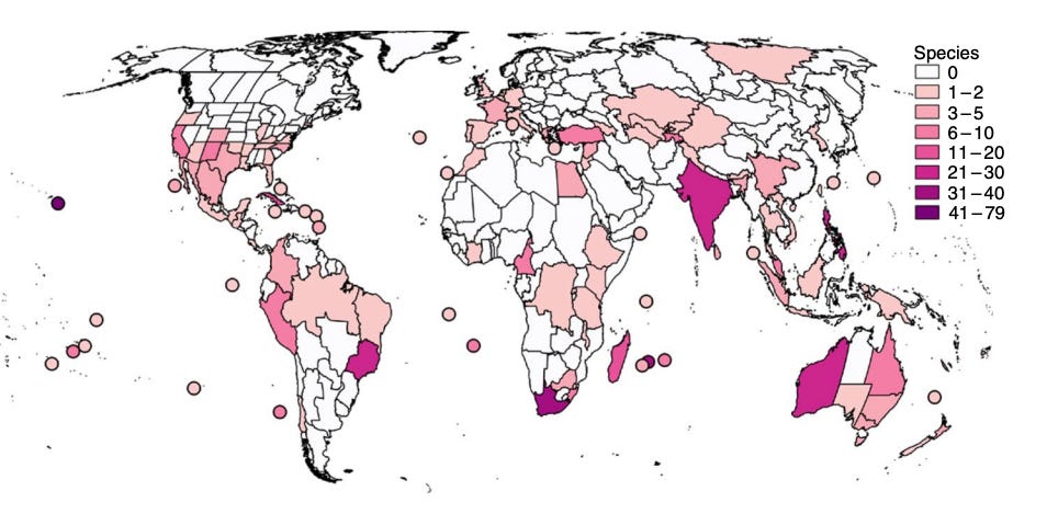Modern plant species extinctions by geographic region, with darker pink showing more extinctions in a given region.