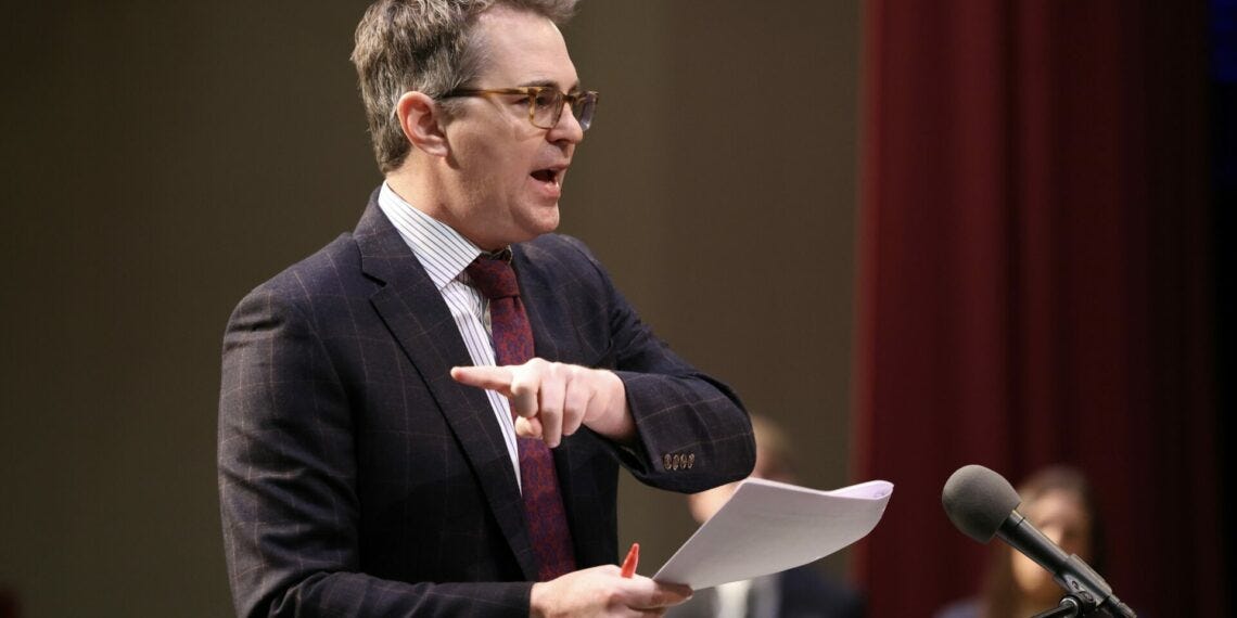 Attorney Brian E. Jordre makes arguments on behalf of landowners opposed to Summit Carbon Solutions' planned carbon capture pipeline before South Dakota Supreme Court justices on Tuesday, March 19 at the Johnson Fine Arts Center in Aberdeen. Photo courtesy of South Dakota NewsMedia Association