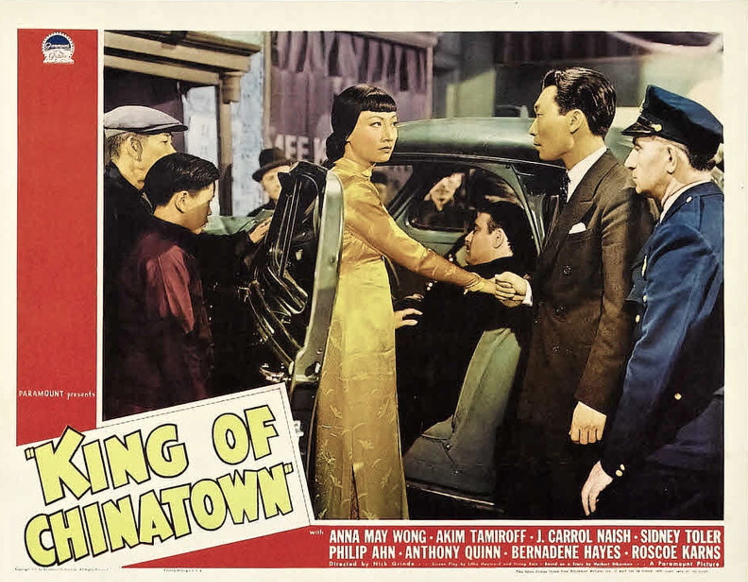 poster for King of Chinatown (1939) showing AMW and Philip Ahn standing next to the gangster who has been shot in his car