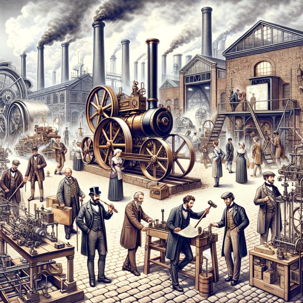 An illustration capturing the essence of the Industrial Revolution, featuring inventors and entrepreneurs beside their groundbreaking inventions such as the steam engine and power loom. The scene is bustling with activity, highlighting the creativity, technical skill, and determination that characterized this era. The background is filled with industrial settings, including factories with smoking chimneys, cobbled streets, and early prototypes of machinery. The inventors are depicted in period clothing, holding tools or blueprints, engaged in discussion or work, embodying the spirit of innovation. This image aims to convey the transformative impact of technological breakthroughs on society and the economy during the Industrial Revolution.