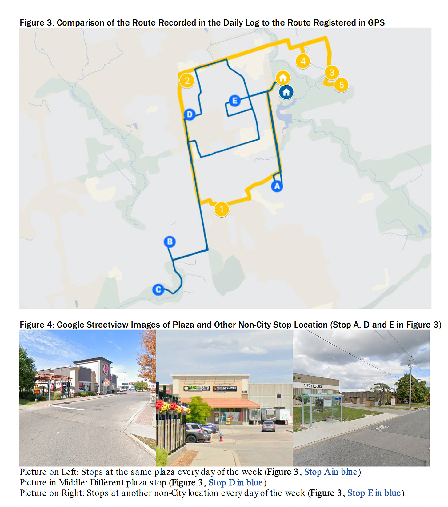 An excerpt from the Auditor General report, showing a map and photos of the places where parks maintenance crews were reported to have stopped while on shift