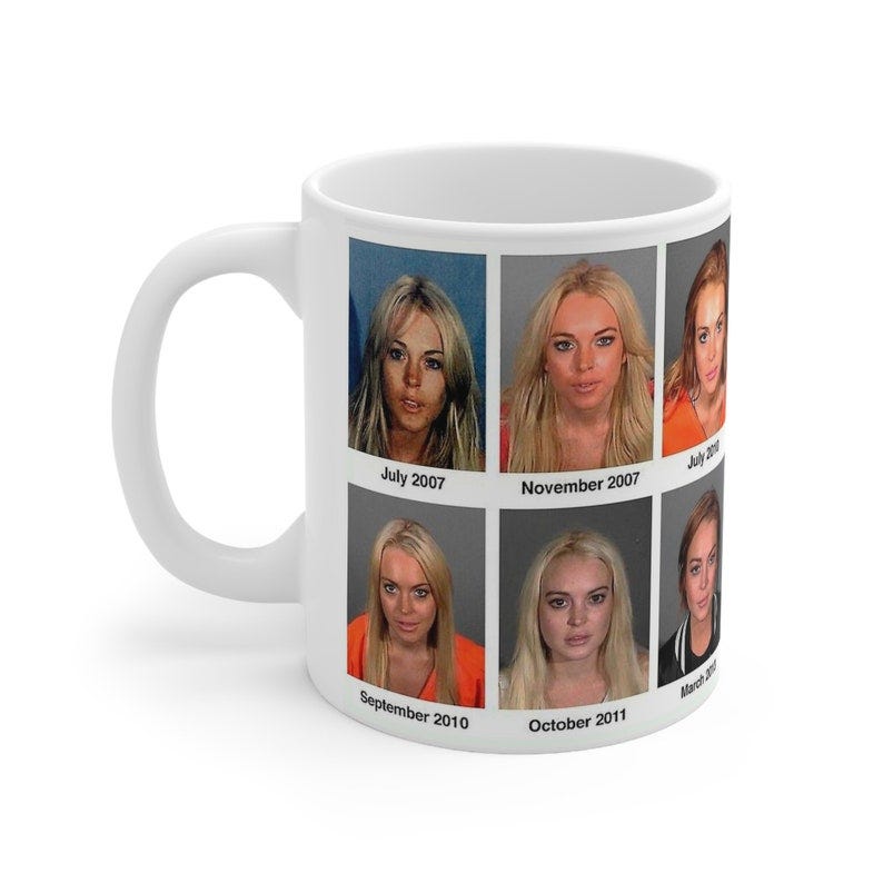 Y2K-inspired Lindsey Lohan mugshot mug, a quirky and nostalgic gift encapsulating the celebrity’s iconic moments from the turn of the millennium. Infuse your daily coffee routine with Y2K pop culture vibes and humor.