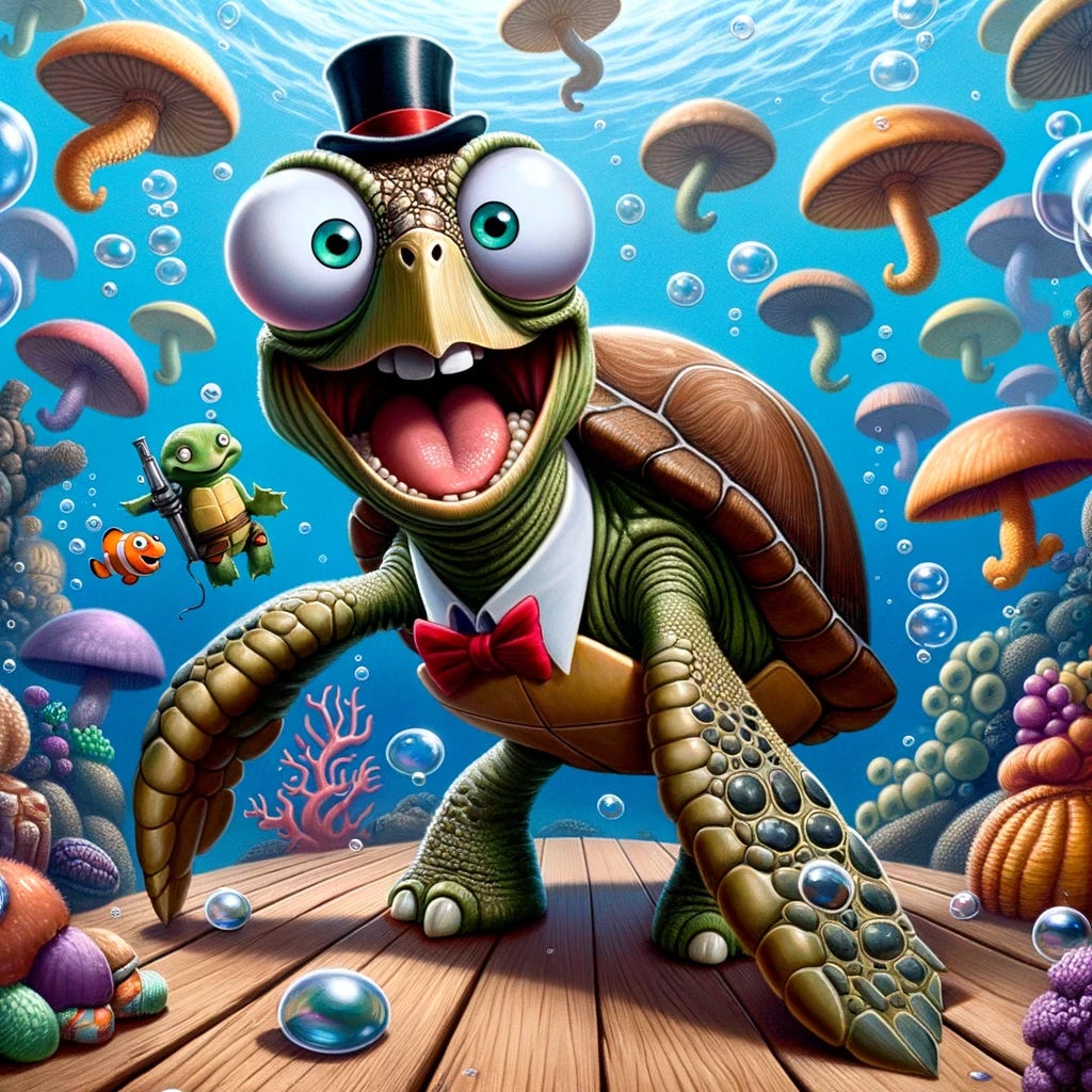 Silly turtle caricature by ChatGPT DALL-E 3