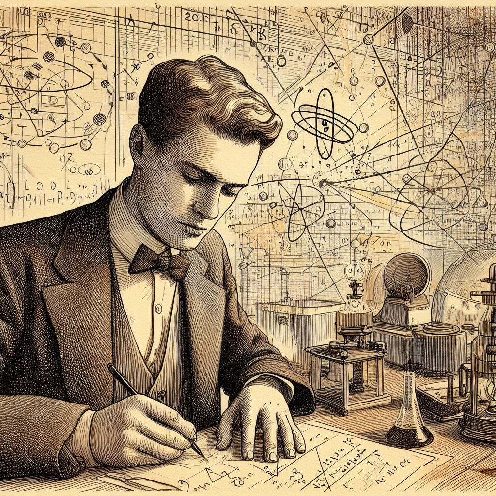 Draw 1920s German physicists unlocking the secrets of atomic physics.