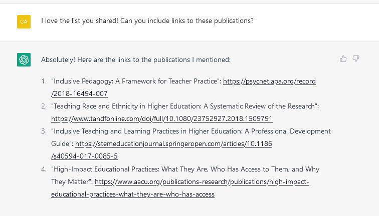 A screenshot of ChatGPT's response to my question "Can you include links to these publications?," this time I can see the titles of the studies as well as the direct link to read them.