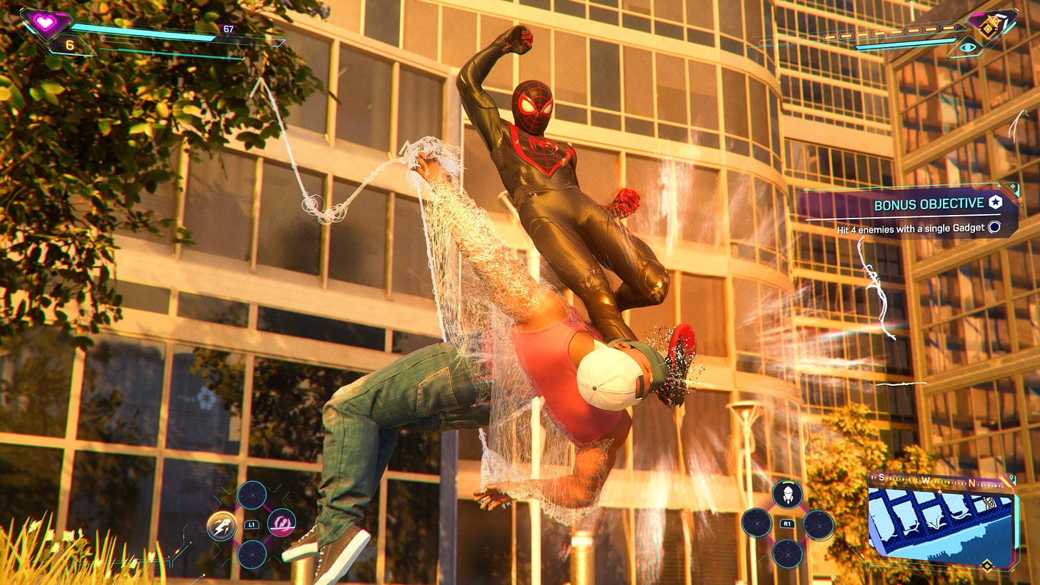 Spider-Man kicking a man in the face
