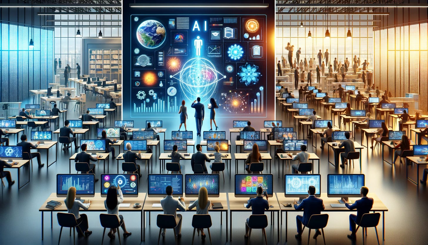 Create three distinct images, each in a 16:9 format, to illustrate the integration of AI in various sectors of El Salvador's government, education, and business.

1. Image one shows a modern government office in El Salvador. Officials are collaborating over a large digital screen displaying AI analytics and data visualizations. The setting includes advanced computer systems, suggesting efficiency and innovation.

2. Image two depicts a futuristic classroom where students are interacting with AI-powered learning tools. A teacher uses a tablet to guide students who are engaged with digital screens, showcasing personalized learning experiences and advanced technology integration.

3. Image three portrays a bustling business environment in El Salvador, where AI is being used to optimize operations. Business professionals are using AI-driven software on their computers and smartphones, with holographic data projections indicating business growth and competitive efficiency. Each image reflects a vibrant and progressive atmosphere, highlighting the transformative impact of AI on various sectors in El Salvador.