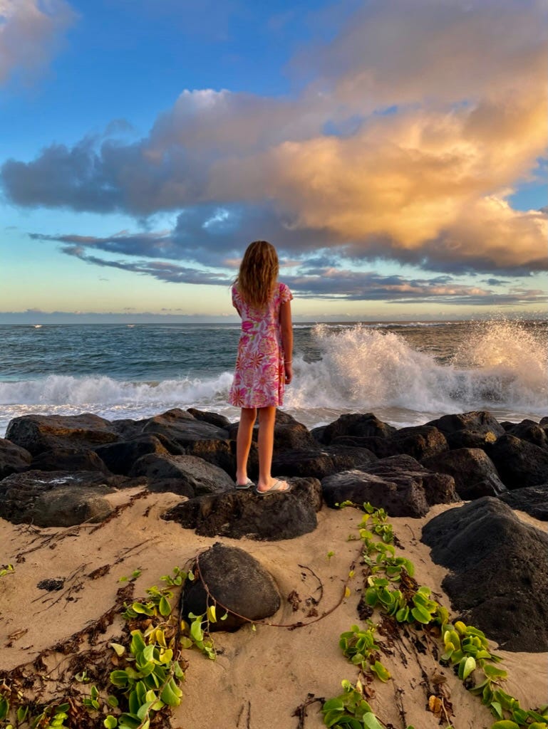A child standing on rocks by the ocean

Description automatically generated