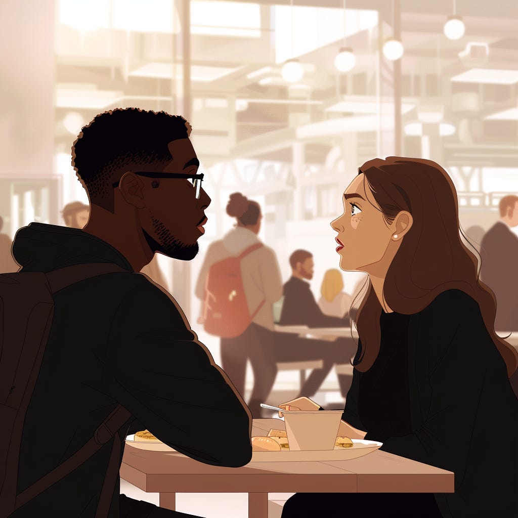 The side profile of a black man in glasses wearing all over black, being spoken to by a white woman with brown hair and brown eyes, sitting across from each other in what looks like an office canteen. The background is blurry with people walking by, some with trays of food in their hands and others with their laptops. The light is bright, and the setting is clean, reminiscent of a fancy office during the daytime. The composition is a cartoon with bold colours, and the speakers are firmly placed in the centre of the composition.