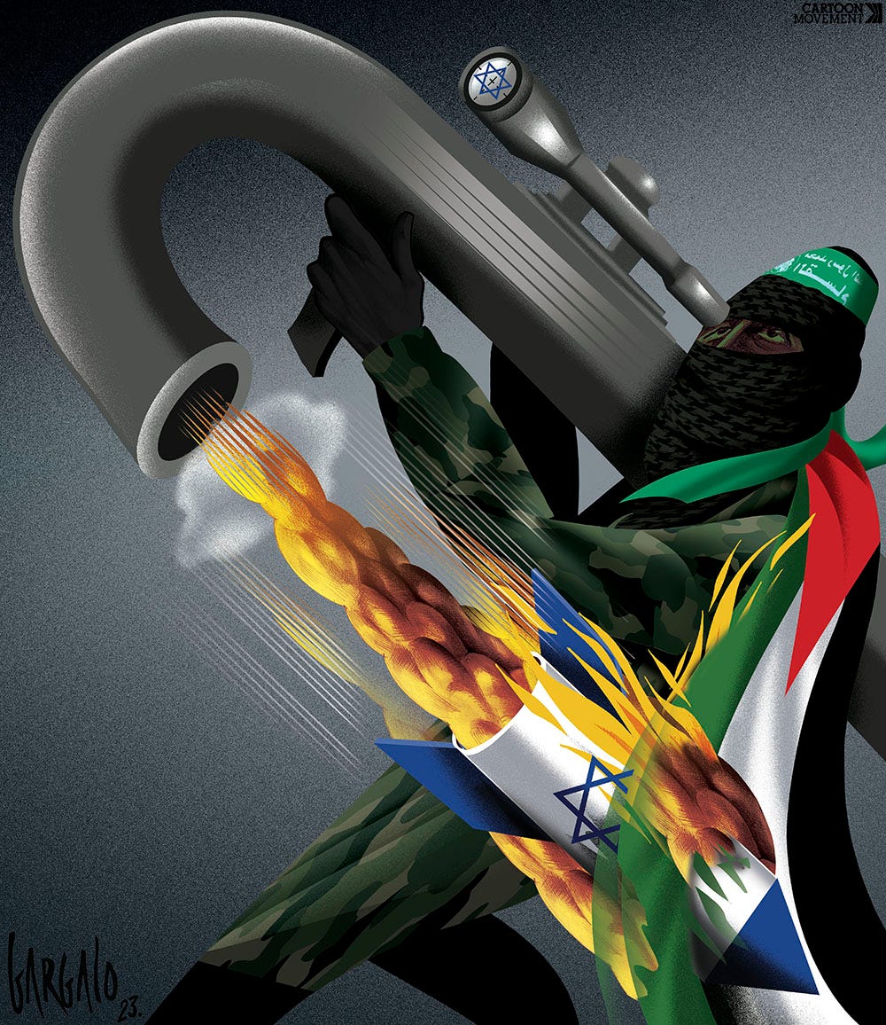 Cartoon showing a Hamas fighter as he fires a missile towards Israel. The barrel of his rocket launcher is bent and a missile with the Israeli flag comes out to hit the Hamas fighter in the stomach and set fire to the Palestinian flag that he is wearing as a cape.