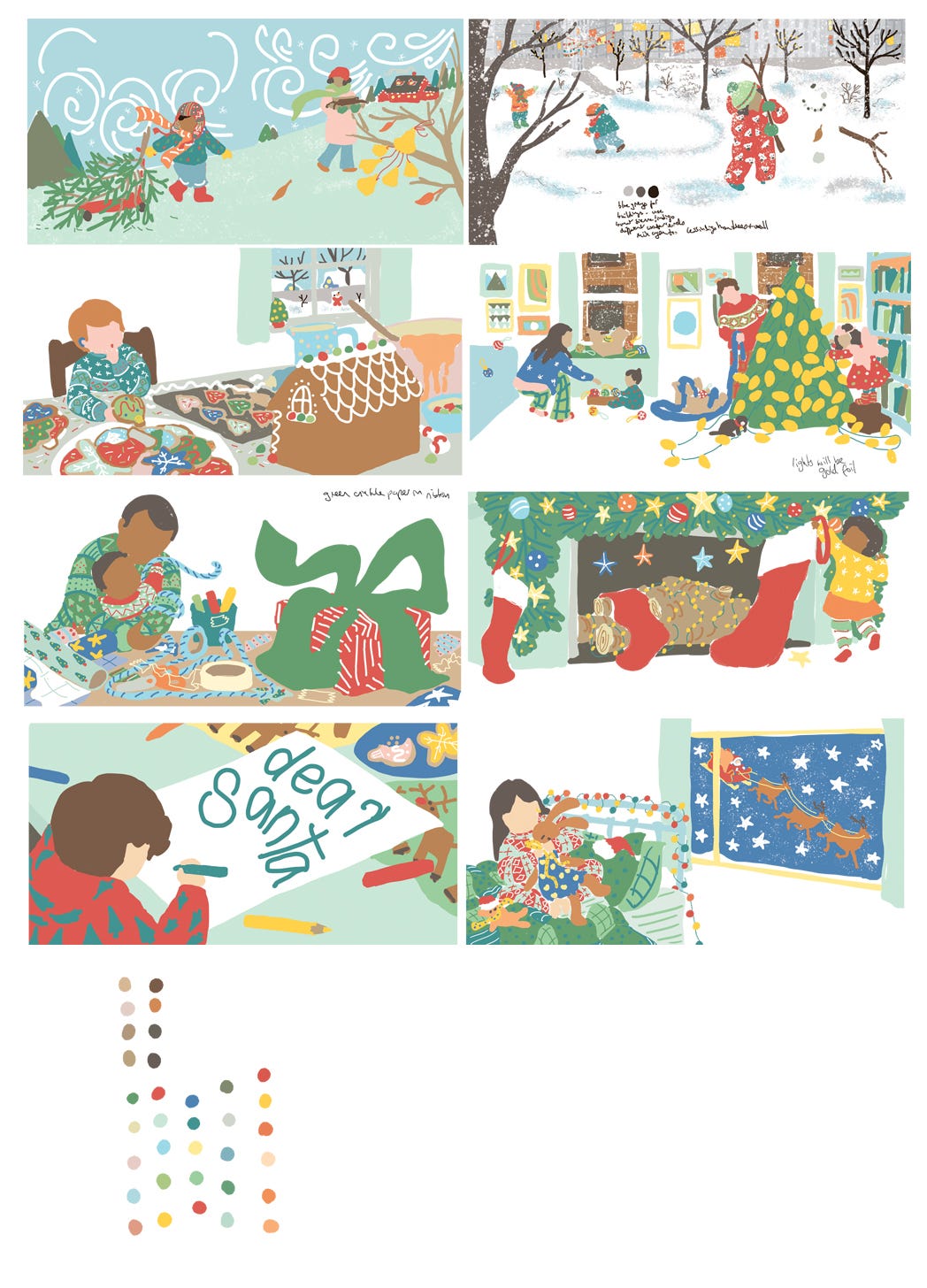 A work in progress selection of eight Christmas scenes to test colour palette. by Nanette Regan