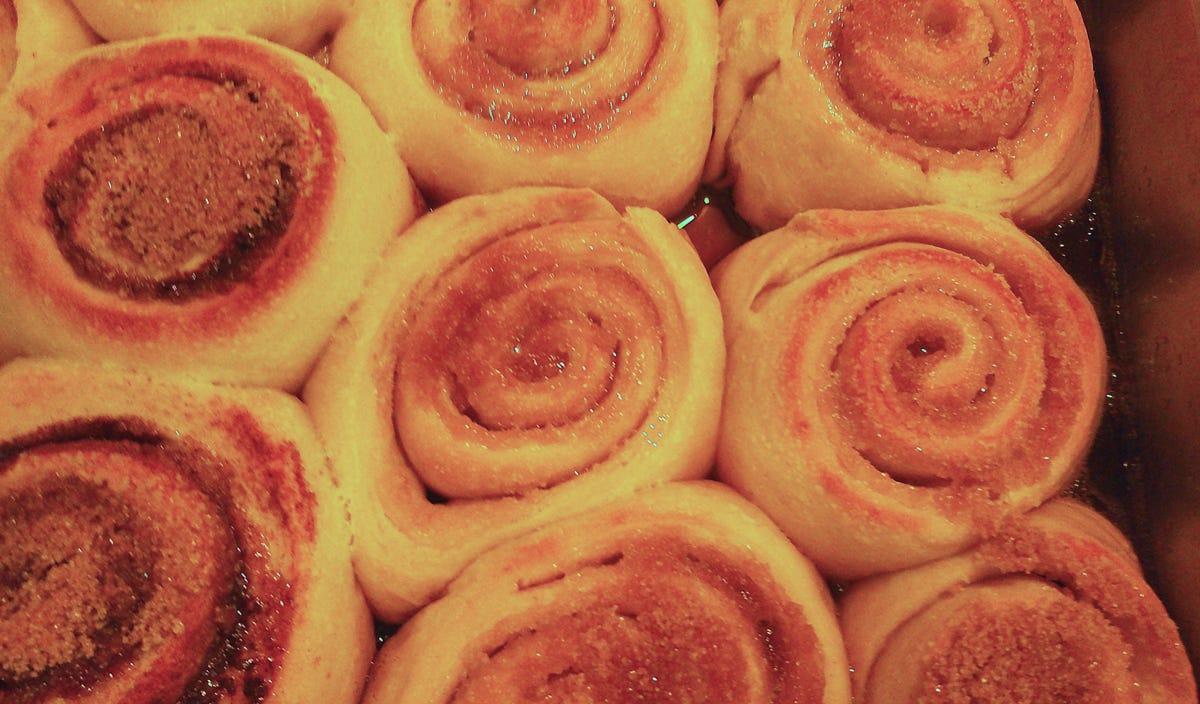 sourdough cinnamon rolls hot out of the oven