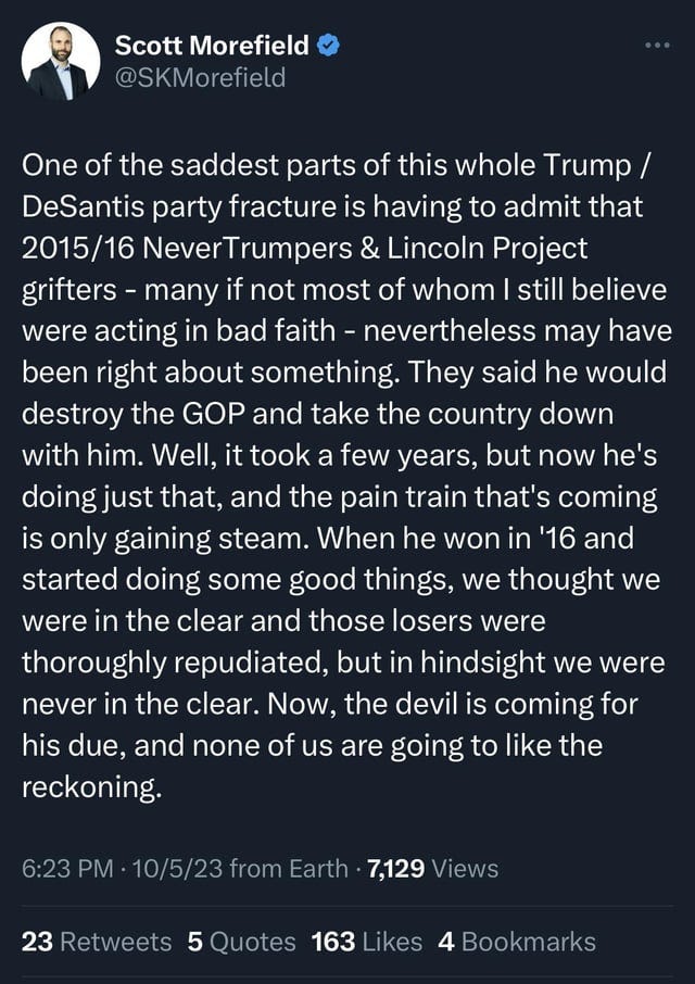 r/LeopardsAteMyFace - Right wing journalist bemoans that Never Trumpers were right about Trump destroying the GOP. Predicts that the “pain train is only gaining steam” with “the devil coming for his due”.
