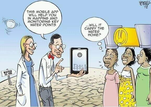 The image shows two white scientists saying 'this mobile app will help you in mapping key water points,' and a group of African women with buckets on their heads saying 'will it carry the water home?'