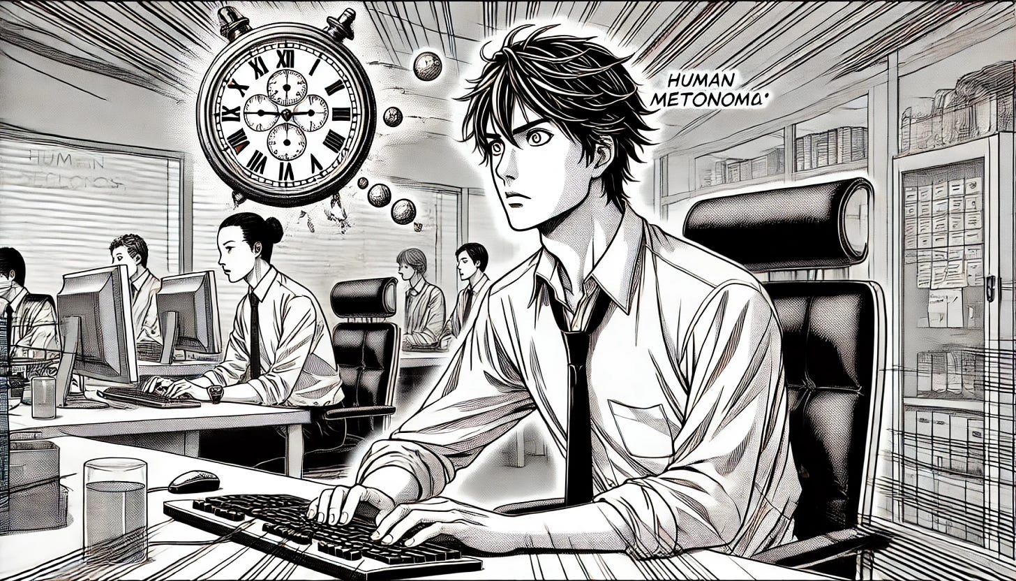 A manga-style illustration depicting Yiannis Sicloop, a technologist in a modern office. He is sitting at his desk, frozen in thought. His colleagues, drawn in manga style, are nearby, referring to him as a 'human metronome'. The focus is on Yiannis, whose normally rapid-fire thoughts have come to a halt. His expression is one of surprise or shock, with a blank stare, and his hands are motionless above a keyboard. In the background, a clock is slightly distorted, symbolizing the sudden stop of time in his mind. The office is a mix of modern and slightly futuristic elements, with computers and other tech devices. The overall atmosphere is tense yet visually dynamic, with sharp lines and high contrast typical of manga art.