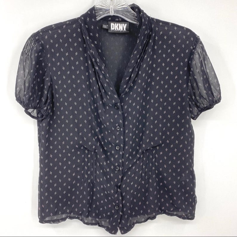 DKNY Vintage 90s black silk short sleeve button up top Size 4 100% silk image 1