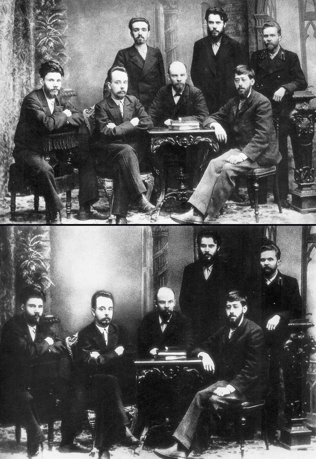 This historic picture showed young socialists in 1897 before some of them rose to power. You’ll recognize a young Vladimir Lenin (in the middle) – of course, he kept his place. Alexander Malchenko (standing, on the left) was not so lucky: in 1930 he was accused of being a spy, executed, and replaced with a white spot.