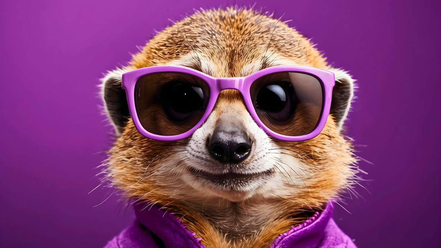 A close-up of a meerkat wearing purple sunglasses and a matching jacket against a purple background.