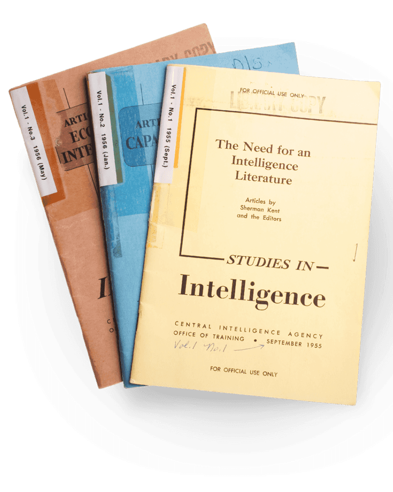 Various covers of The Studies in Intelligence publication from CIA's Center for the Study of Intelligence.