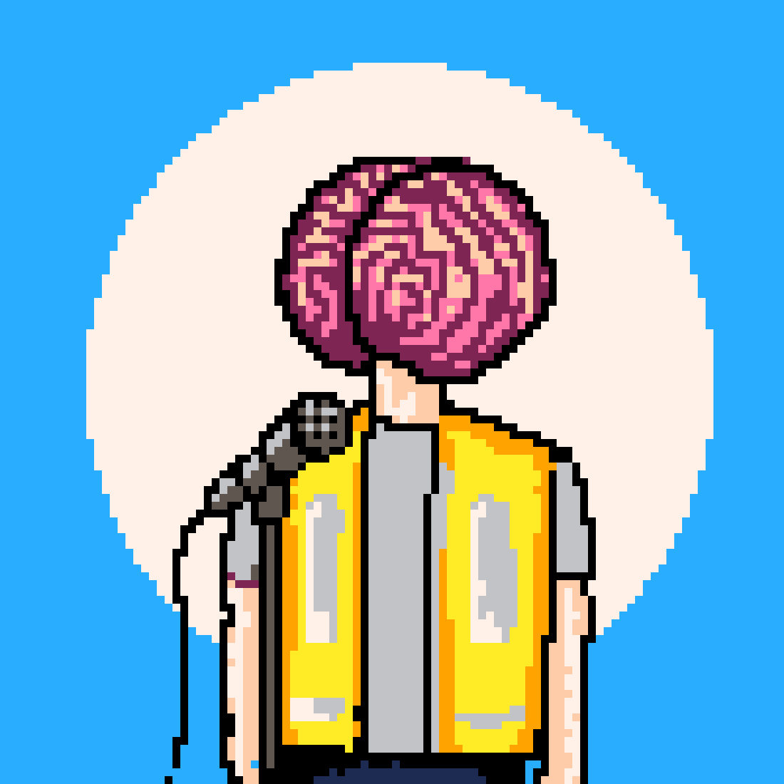 A person is speaking into a microphone. They are wearing a yellow high vis waistcoat, signifying that they are working class. Instead of a head they have a massive brain on top of their shoulders. The picture is created in a rushed pixel art style. 