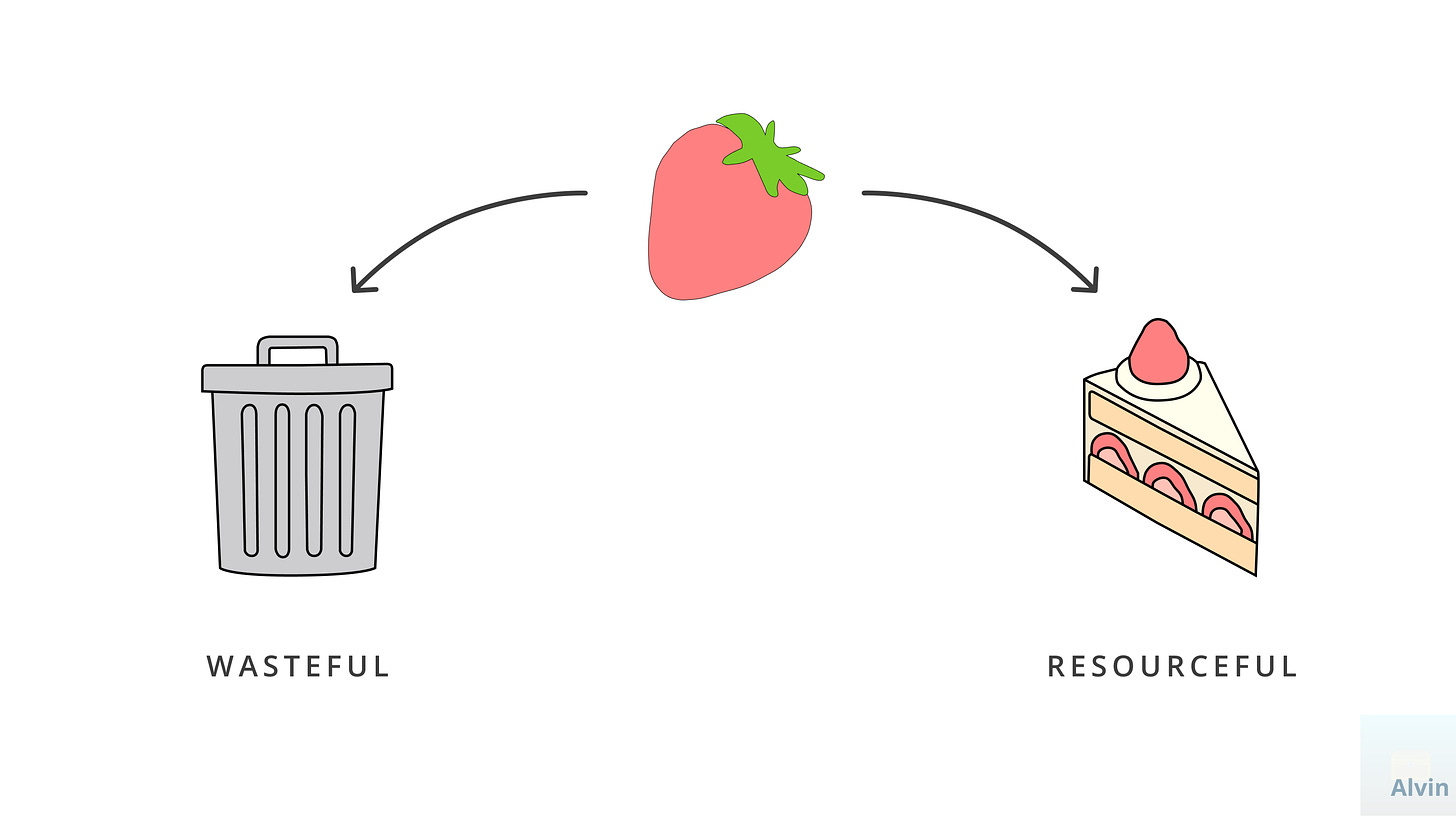 Throwing out a strawberry is wasteful. Placing the strawberry on a cake is resourceful.