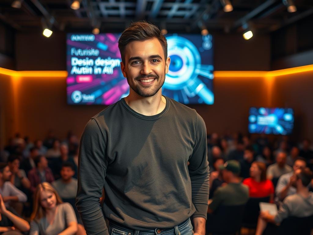 A male presenter smiling stands on stage in front of a blurry audience while a presentation screen displays the words Futuriste Desin design Autin in All