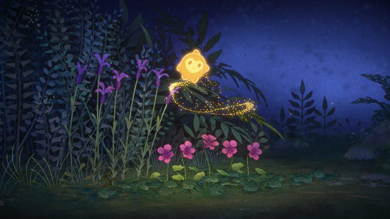 Star floating and leaving some Magic Dust on flowers in the forest.