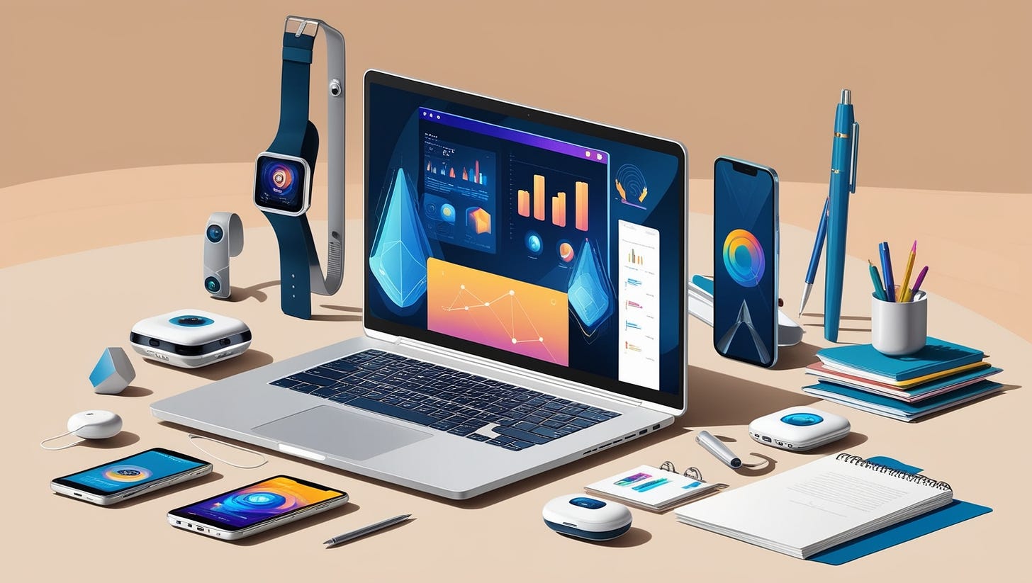 A modern, minimalist illustration of a freelancer's desk, littered with various ai tools and devices, set against a warm, creamy background that evokes a sense of comfort and creativity. In the center, a sleek, silver laptop sits open, displaying a vibrant, colorful interface with widgets and graphs showcasing the power of artificial intelligence. To the left, a collection of futuristic, geometric-shaped gadgets and gizmos, such as a smartwatch, smartphone, and wireless earbuds, are neatly arranged, with subtle highlights and shadows that suggest a sense of depth and dimensionality. On the right, a few scattered papers, notebooks, and colorful pens add a touch of human warmth to the scene. The overall color palette is a blend of calming blues and whites, with pops of bright, energetic hues that evoke a sense of innovation and productivity. The illustration style is crisp, clean, and highly detailed, with bold lines, smooth curves, and subtle textures that give the image a sense of depth and tactility.