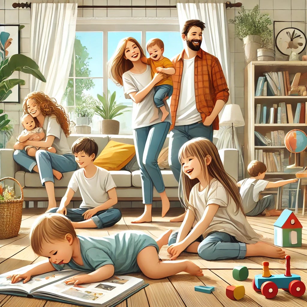 A peaceful and happy family scene with multiple children playing joyfully in a cozy home setting. The parents, relaxed and smiling, watch over them with ease. The environment is warm and inviting, filled with books, toys, and natural light, conveying a stress-free and harmonious parenting experience. The style is modern and vibrant, with soft colors and a lively, dynamic composition.