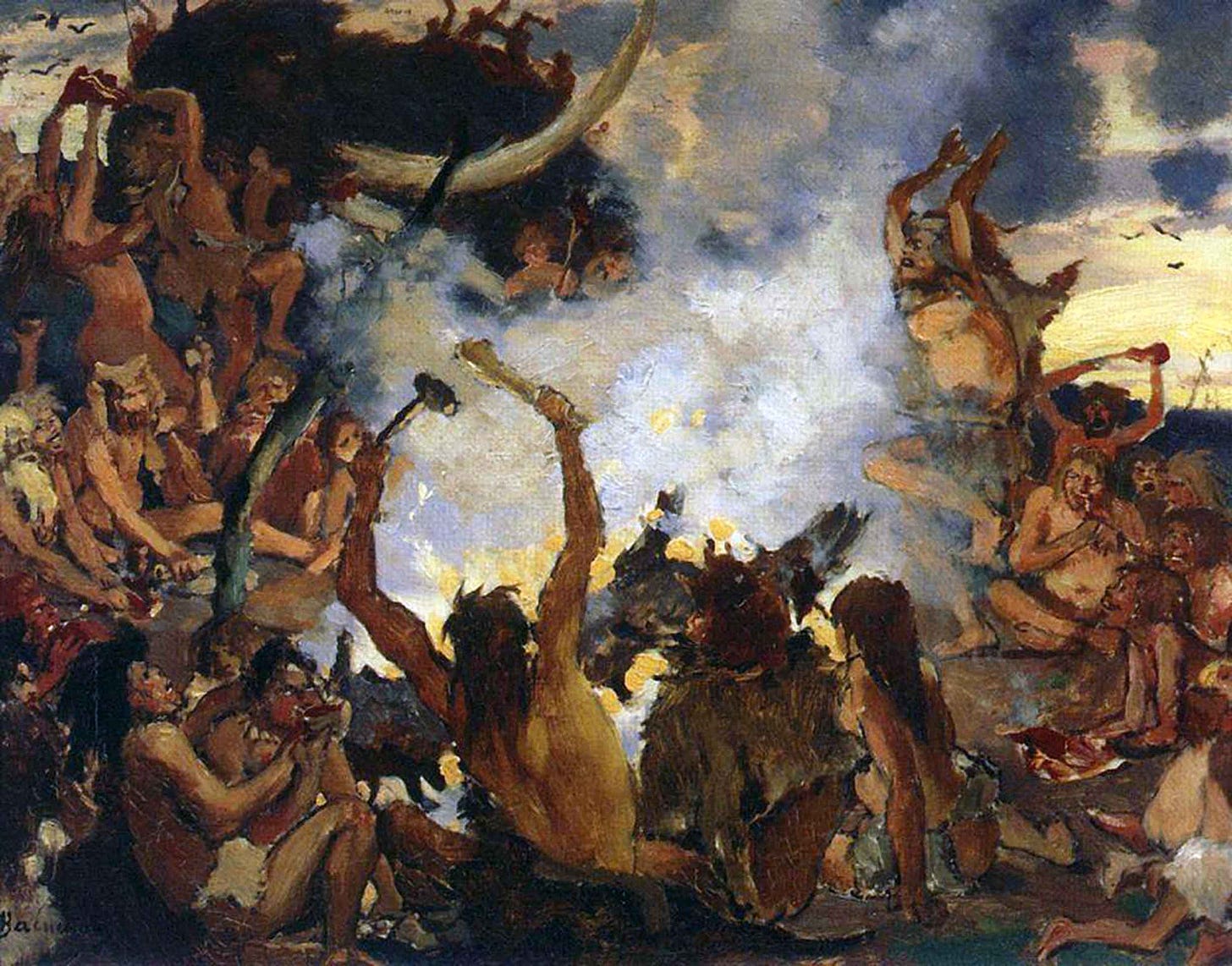 Painting from 1883 of stone age dancers feasting around a fire