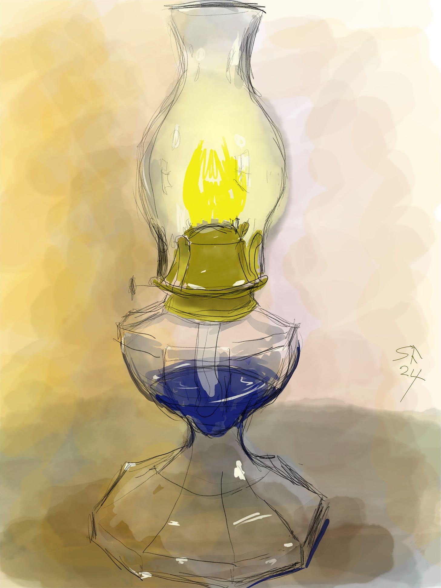 Watercolour sketch of a lit paraffin lamp. The lamp is of all-glass construction and has brass fittings.