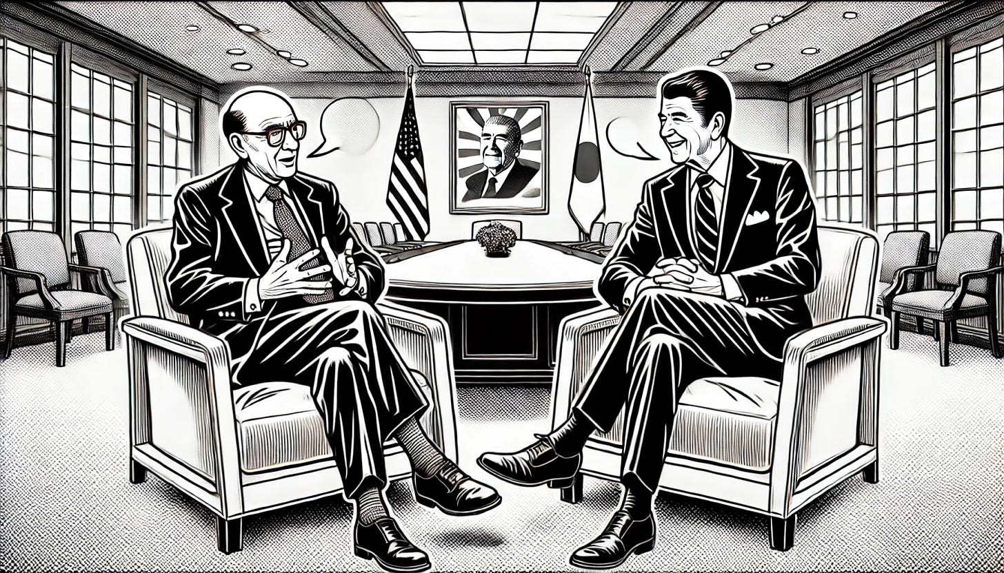 A comic-style depiction of Chairman Paul Volcker and President Ronald Reagan having a conversation, sitting in an official meeting room similar to a black and white photograph. Volcker, tall with glasses, bald, and with a serious demeanor, is in a suit, and Reagan, with a characteristic smile, well-groomed hair, and also in a suit. They are seated in comfortable chairs, leaning slightly towards each other, engaged in a lively discussion. The room has a formal atmosphere with elegant decor, featuring prominent Japanese symbols such as flags, traditional elements, and cherry blossoms in the background, without any text or letters.