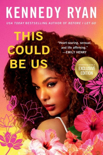 Book cover of This Could Be Us featuring a Black woman on the cover over a pink and orange background and with flowers