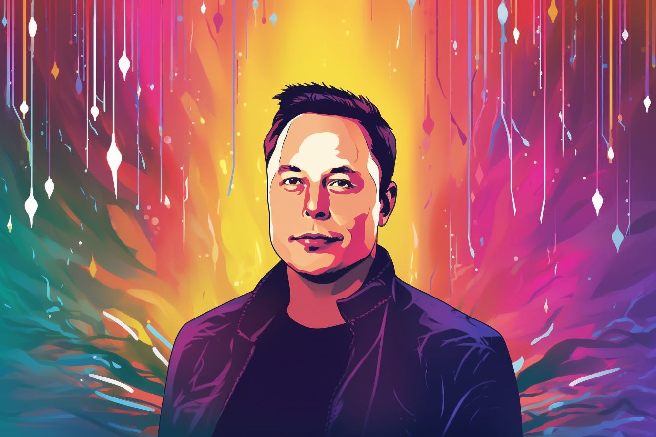 vector illustration of Elon Musk in front of a trippy background 