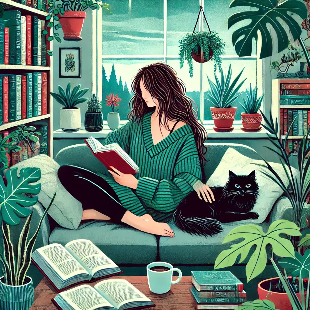 A Chat GPT illustration in green tones, showing, in a flat or static style, a woman with long brown hair sitting crosslegged on a couch, reading a book and petting a cat. Books and houseplants surround her and there is a view of water and scenery outside. The woman has a third arm or hand appearing, in an almost surreal style.