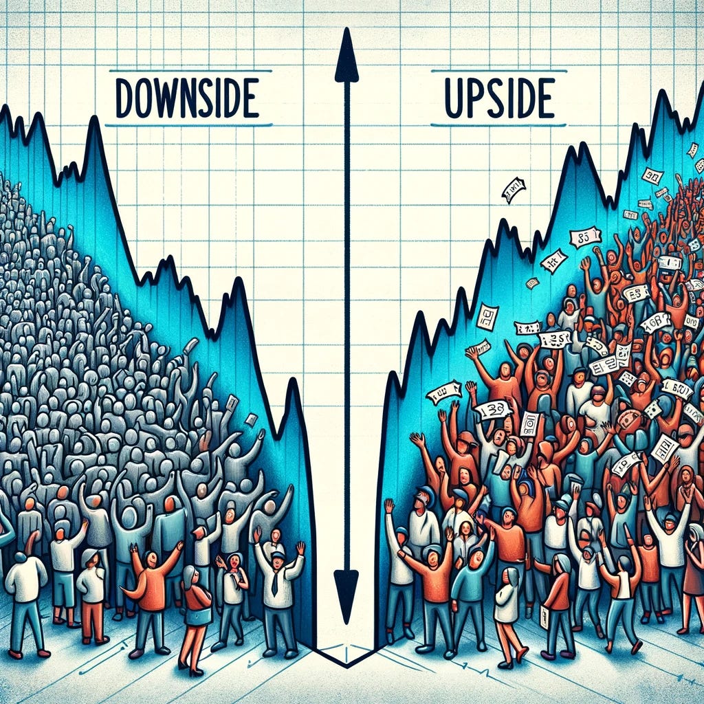 An illustrative image depicting the concept of options and volatility in the stock market, with a skew curve as the central background element, divided into two labeled sections. On the left side, label it 'Downside', showing an empty space with no people, representing a lack of interest in downside protection options. On the right side, label it 'Upside', filled with a diverse, enthusiastic crowd of people, each waving tickets and visibly excited. This crowd symbolizes the high demand for options that benefit from price increases. The two sides should be distinctly separated to emphasize the stark contrast between the bustling activity on the 'Upside' and the emptiness on the 'Downside'.