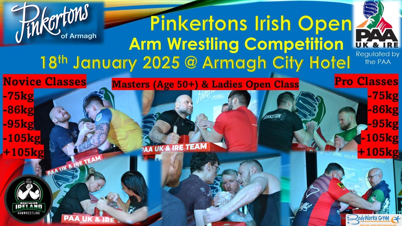 Pinkertons Irish Open Arm Wrestling Competition Saturday 18th January 2025 - Armagh Today