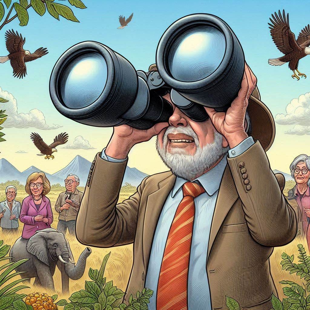 a bird-watcher with oversized binoculars going on safari watching left-wingers